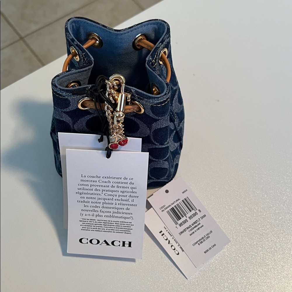 Miniature Micro Coach Navy and Gold Bucket Bag with Chain Strap - Picture 10 of 16